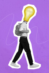 Photo cartoon comics collage of male guy black white visual effect walking head bulb isolated...