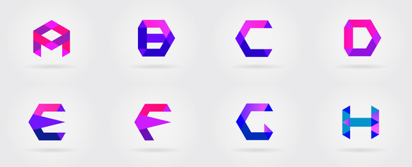 Distort Modern Alphabet Letters, Multicolor Overlay stylized letter. Geometric triangle. Hexagonal futuristic ABC. A, B, C, D, E, F, G, H.