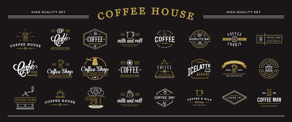 Big Set of Vector Coffee Sign and Elements. Black Background.