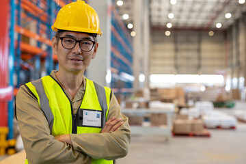 Portrait of confident asian mature male worker with arms crossed wearing reflective vest and helmet