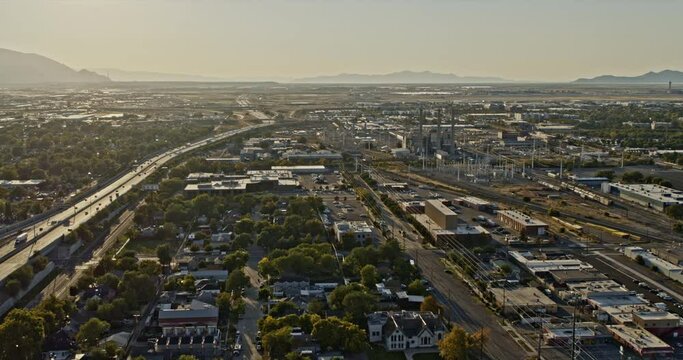 Salt Lake City Utah Aerial v26 fly around poplar grove neighborhood capturing power station and facility at industrial area and airport on a hazy day - Shot with Inspire 2, X7 camera - October 2021