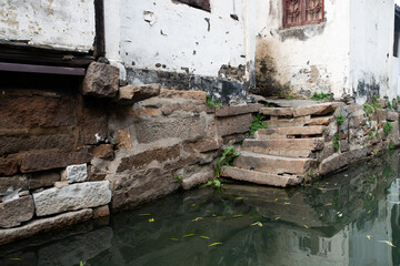 Canals, Stairs, and Old Walls at Zhouzhuang Water Town, Jiangsu Province, China