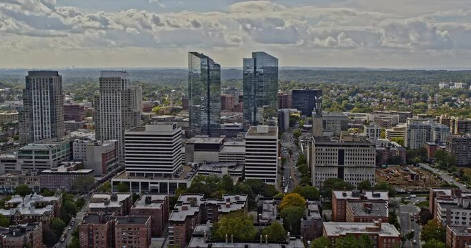 White Plains New York Aerial v3 drone fly around downtown high rise and low rise buildings capturing cityscape of an outer suburb of new york city - Shot with Inspire 2, X7 camera - October 2021