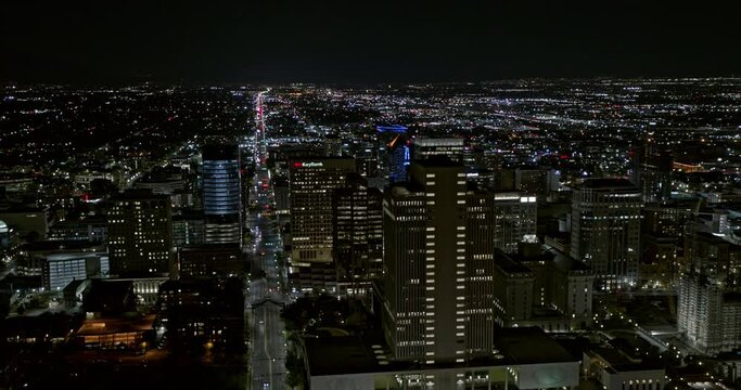 Salt Lake City Utah Aerial v44 futuristic shot, low level drone fly around downtown capturing beautiful illuminated night cityscape - Shot with Inspire 2, X7 camera - October 2021