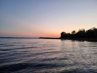 sunset, lake, clouds
