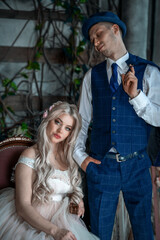 Wedding of a beautiful young couple,couple in love looks one-on-one