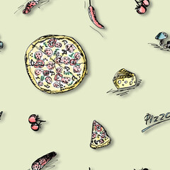 Pizza and ingredients drawing- seamless pattern on light beige background	