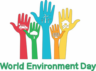 colorful hands with alternative energy illustration near world environment day lettering on white.