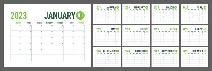 Planner 2023 year. English green vector horizontal template. New year. Week starts on Sunday