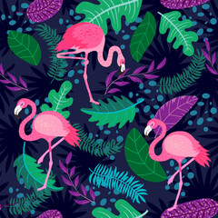 background with tropical plants, flowers and leaves. seamless pattern. vector image. for printing on fabrics, paper cups, wrapping paper, phone cases.  © Екатерина Столяренко