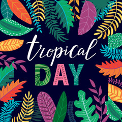 Background with exotic tropical plants, flowers and leaves. vector image 
