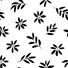 Fototapeta na wymiar Simple black flowers hand drawn seamless pattern. Black brush small flower silhouettes. Chamomile, daisy and chrysanthemum vector silhouettes. Summer botanical background. Leaves and small branches