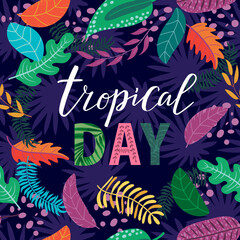 Background with exotic tropical plants, flowers and leaves. vector image 