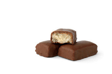 Coconut sweets in chocolate glaze isolated on white background.