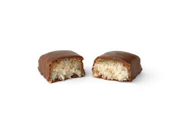 Coconut sweets in chocolate glaze isolated on white background.