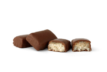 Coconut sweets in chocolate glaze isolated on white background.