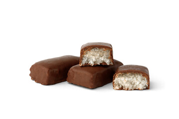 Coconut sweets in chocolate glaze isolated on white background.