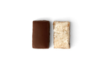 Coconut sweets in chocolate glaze isolated on white background.