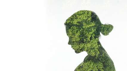Save forest. Ecology problem. Nature conservation. Double exposure profile silhouette of upset...