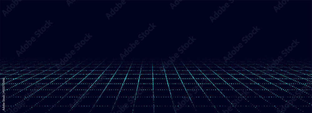 Poster dynamic flow of digital particles. perspective grid of interlaced dots. network connection structure