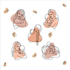 Collection of happy caring young mother with little baby infant in hands. Set of smiling loving mom with newborn excited with motherhood. Parenthood and maternity. Vector illustration