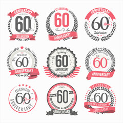 Collection of anniversary badges and labels retro design 