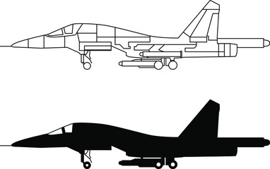 Su-34 Russian fighter-bomber aircraft icon, drawing, diagram and silhouette of the aircraft vector image. - obrazy, fototapety, plakaty