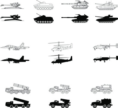 Military equipment tanks, aircraft, helicopters, unmanned aerial vehicles, air defense, MLRS, howitzers, fuel trucks and others icon, drawing, diagram and silhouette vector image.