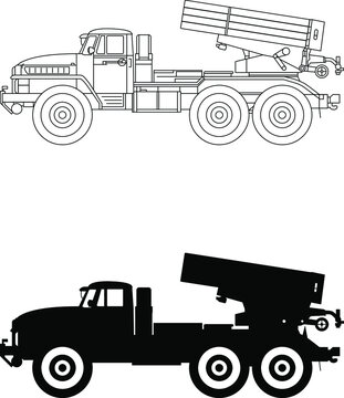 Air defense, MLRS, salvo fire system icon, drawing, diagram and silhouette vector image.