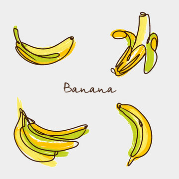 Vector Set of Cartoon Yellow Bananas. Overripe Banana, Single Banana , Peeled Banana, Bunch of Bananas