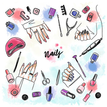 Watercolor seamless pattern with nail polish. Vector illustration.