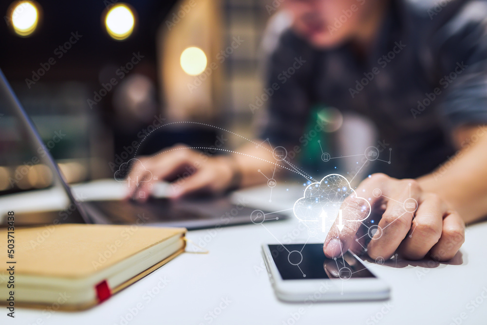 Aufkleber concept of digital screen,virtual connection icon,diagram,graph interfaces, handsome man using moder