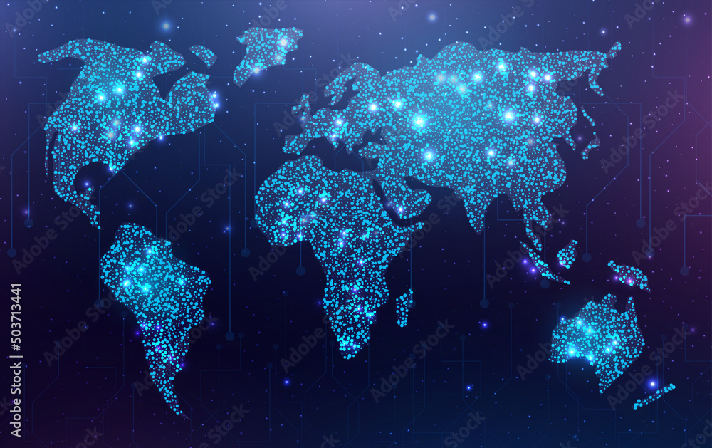 Poster futuristic map of the planet. world map. globalization internet and technology, cyber security. abst