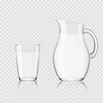 A jug with milk and a glass of milk, transparent, isolated.