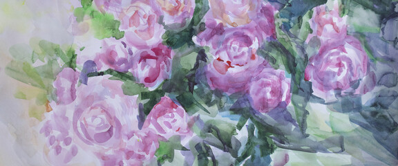 Romantic blossoms panorama background color of season 2022. Summer beautiful flowers artwork. Watercolor brush strokes wet texture with smudges. Wellness concept.
