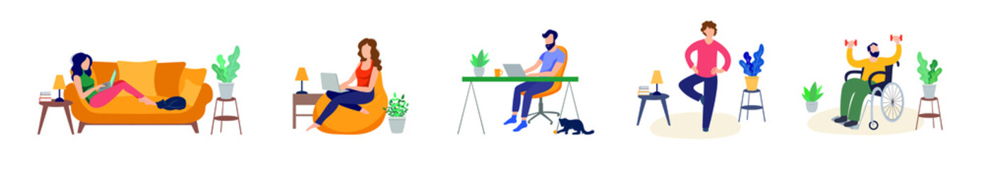 Vector Set of Different Home Activities, Working from Home and Leisure Indoor Time, People Spending their Time Usefully Isolated on White Background, People Diversity People at Home Quarantine TIme We