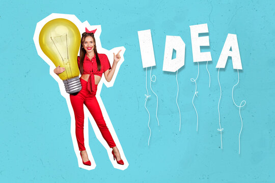 Collage full length body size view of attractive girl holding bulb demonstrating idea word isolated on blue color background