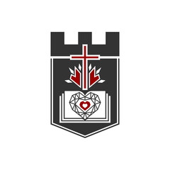 Christian illustration. Church logo. Cross of Jesus Christ on the background of the fortress, bible and diamond.