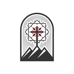 Christian illustration. Church logo. Cross of Jesus Christ on Mount Golgotha.