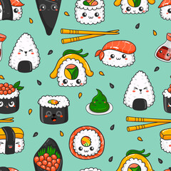 Seamless pattern with kawaii sushi.