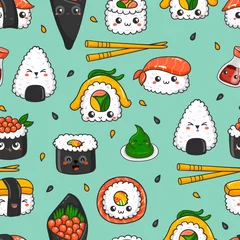 Fotobehang Seamless pattern with kawaii sushi. © nafanya241