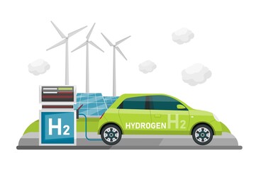 Fototapeta Automobiles with hydrogen motor. H2 fuel car. Editable vector illustration obraz