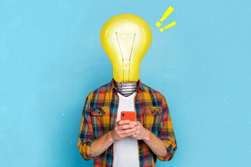 Collage photo of thinking intelligent light bulb head man surfing social media creative new ideas...