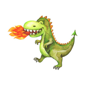 Cartoon watercolour dragon, fire breathing dragon.