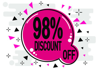 98 percent discount. Offer sign for price reduction in stores and sales in pink.