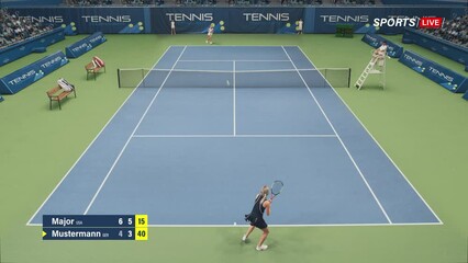 Sports TV Broadcast of Female Tennis Championship Match with Score. Two Professional Women Athletes Compete on a Tournament. Network Channel Television Playback With Audience. High Angle Static Shot