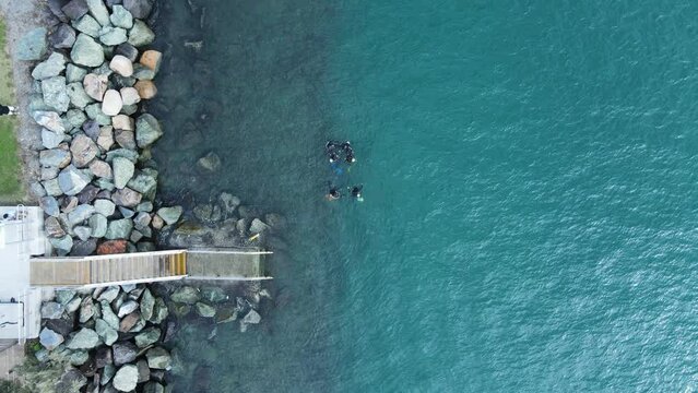 A group of scuba divers gather above the water near a set of stairs leading to the ocean. High drone view