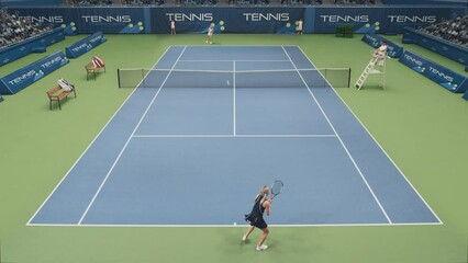 Sports TV Female Tennis Match on Championship with 3D Special Effect Ball. Female Tennis Player Serving Ball with a racquet, Ball Flying into Screen. Live Network Channel Television. VFX Animation