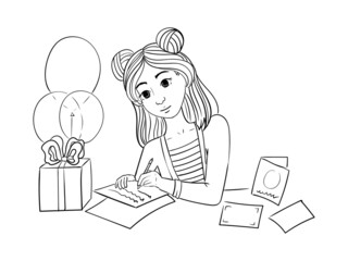 The girl signs postcards or invitations. People are preparing for a birthday party and celebrating the holiday. Preparation for the holiday. Vector illustration isolated on white background.