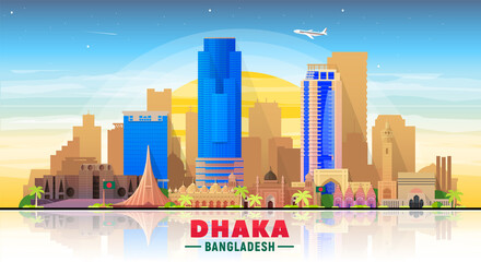 Dhaka city ( Bangladesh) skyline. Vector Illustration. Business travel and tourism concept with modern buildings. Image for banner or web site.